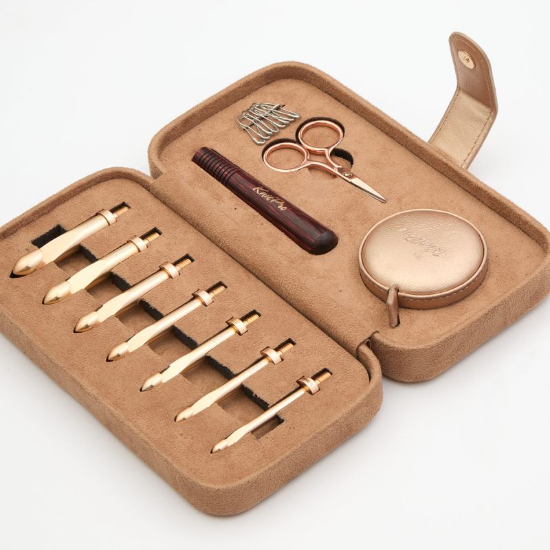 Open KnitPro Oasis Chunky crochet set with seven interchangeable hook heads, rose wooden handle, accessories and clay case