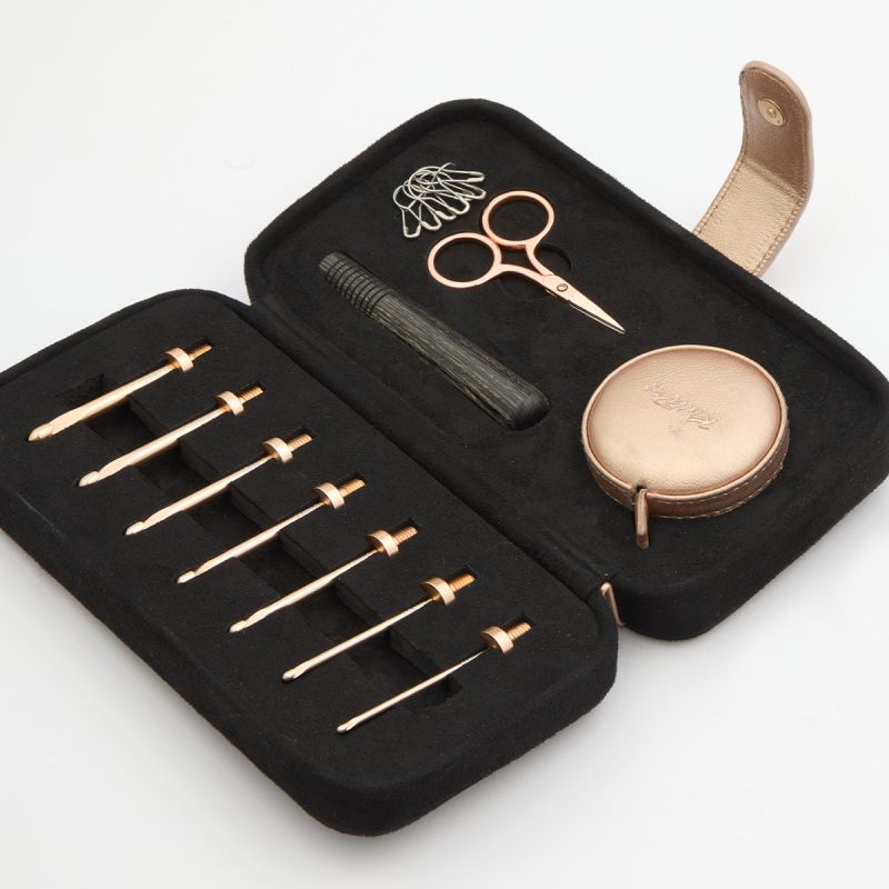 Open KnitPro Oasis Starter set with seven aluminium hook heads, grey onyx coloured wooden handle, accessories and coal case