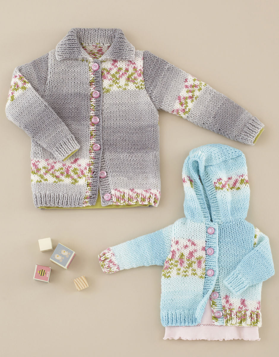 Sirdar Hayfield Baby Blossom Chunky Cardigan Knitting Pattern – Baby & Toddler Cardigans, finished design example
