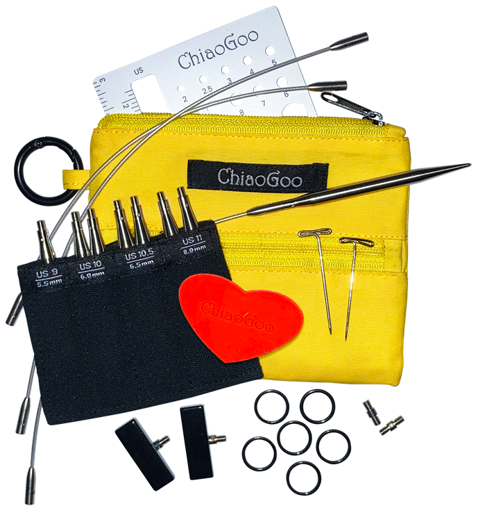 ChiaoGoo Yellow Shorties Large 7230-L set with four 8cm tip pairs, SWIV360 cables, accessories and yellow pouch