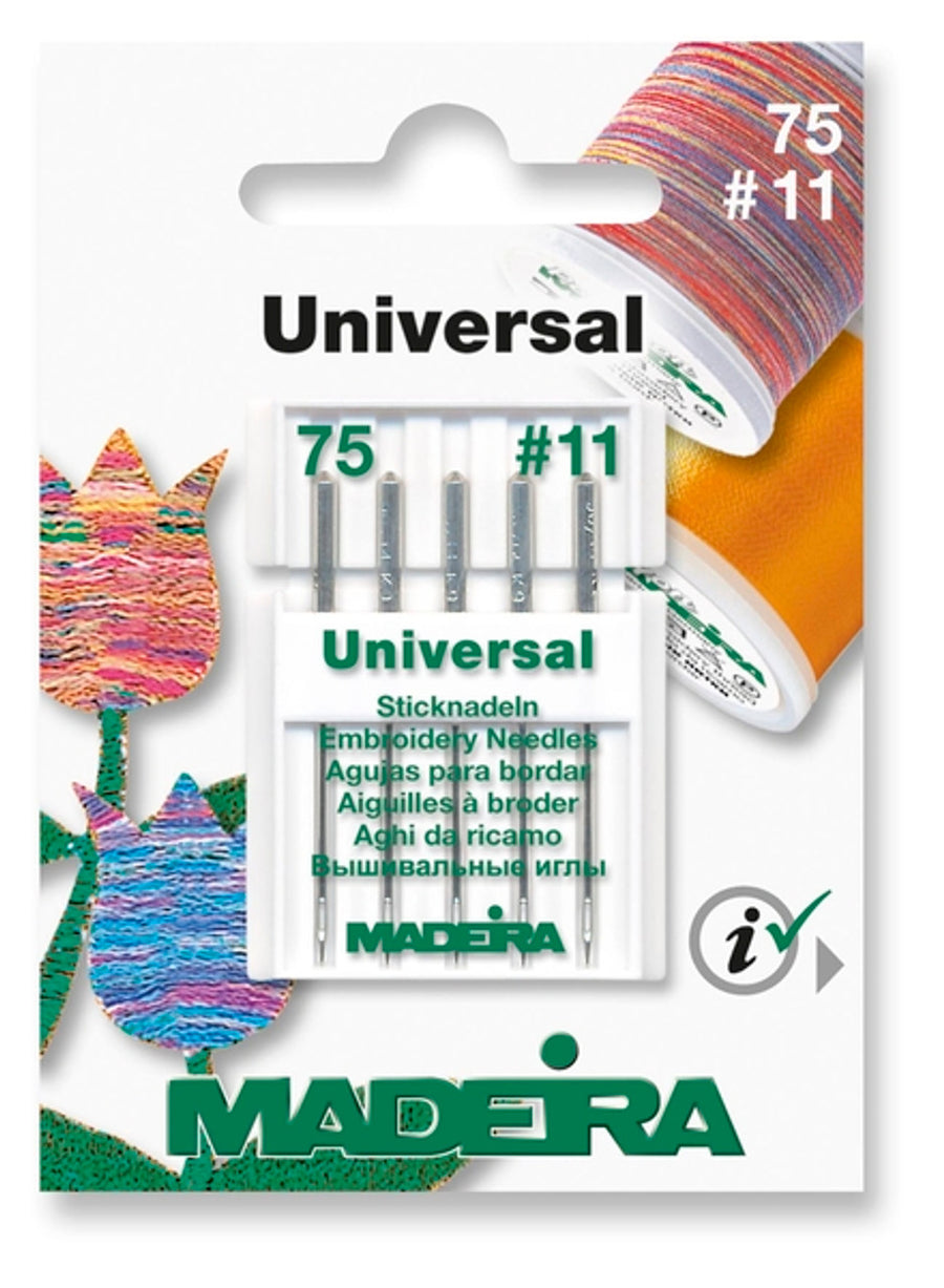 Madeira 9450 Universal Embroidery Needles pack containing five size 75/11 machine needles