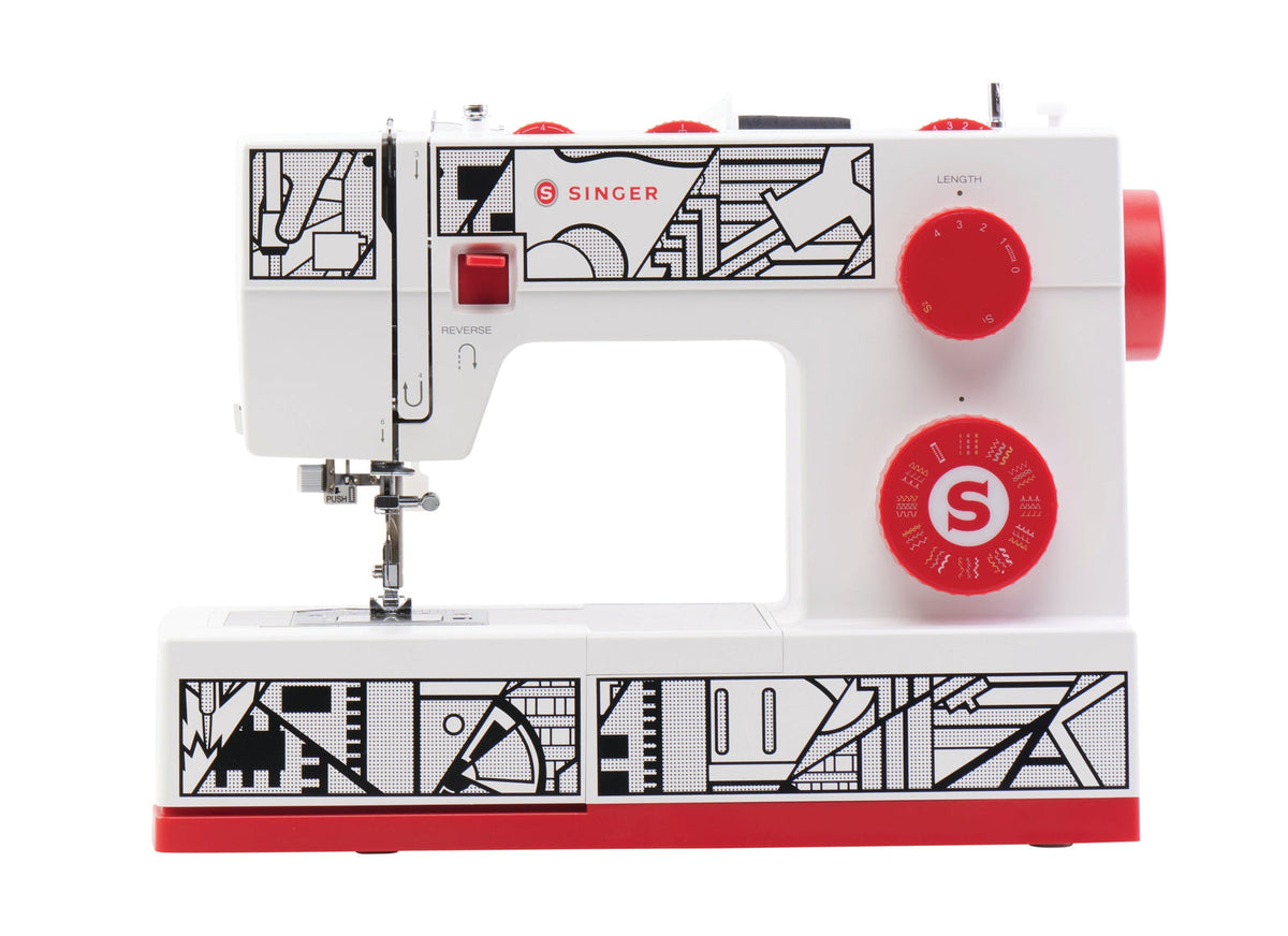 Singer COSPLAY heavy duty sewing machine with red controls, front view