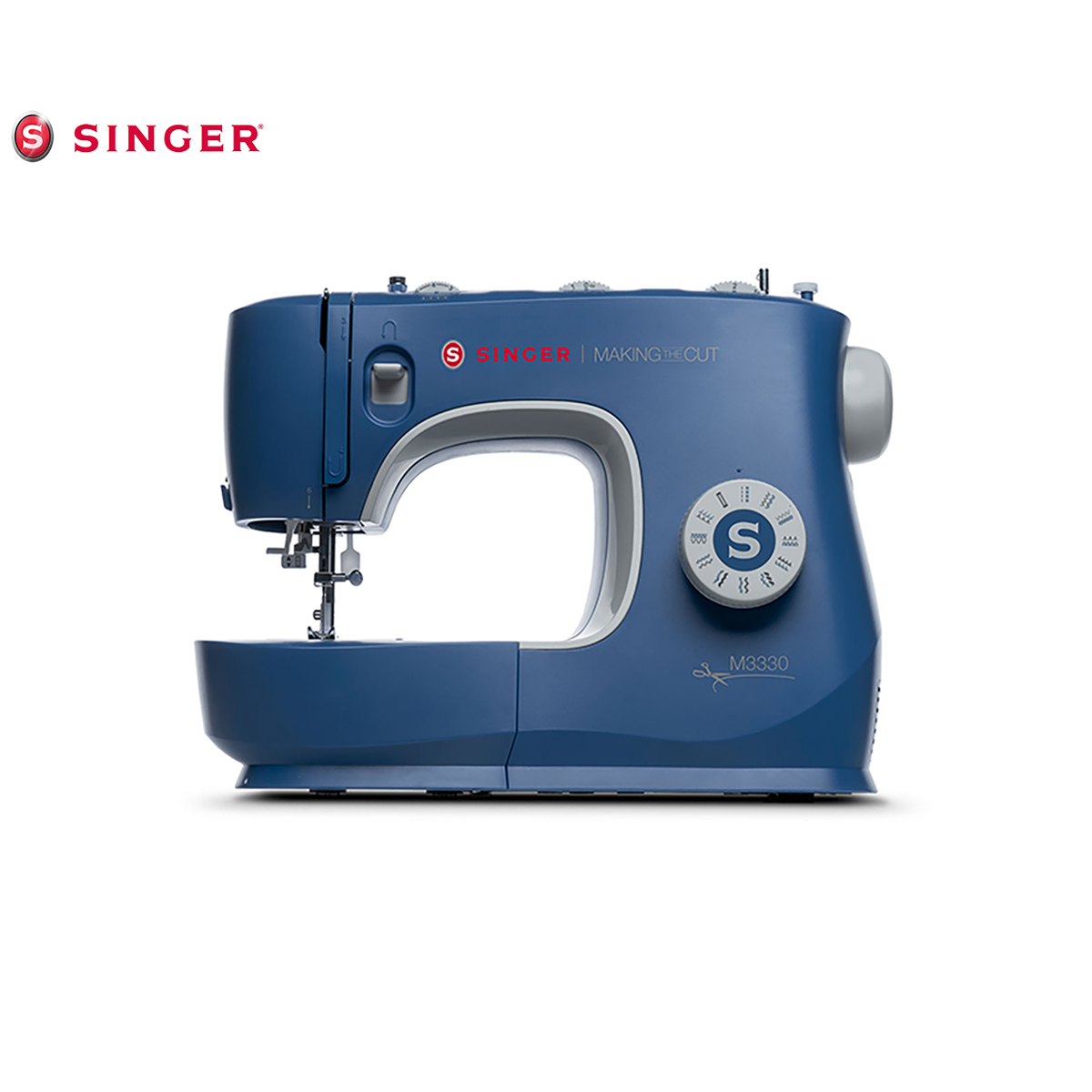 Singer M3335 Making the Cut sewing machine in blue, front view