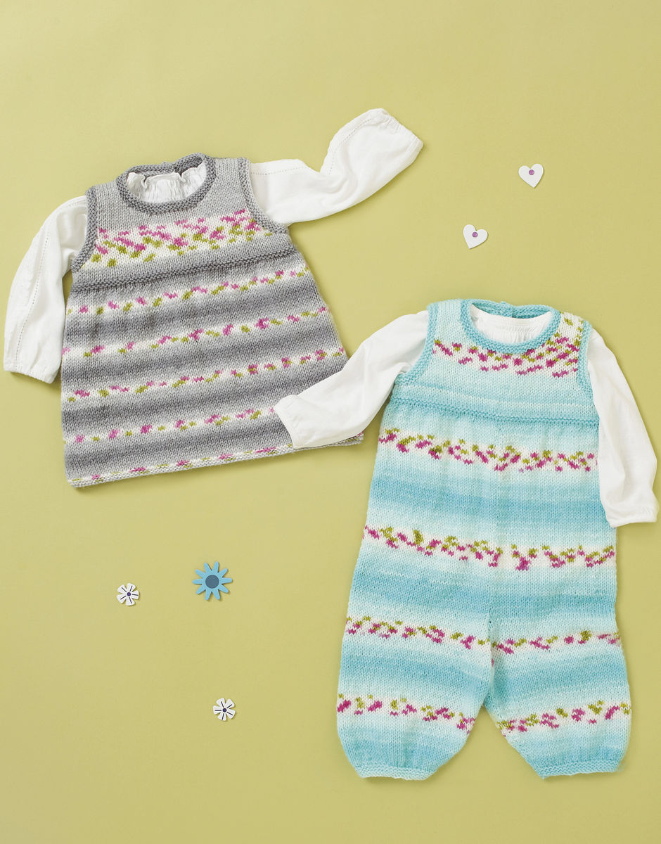 Sirdar Hayfield Baby Blossom DK Dungarees & Pinafore Knitting Pattern – Baby & Toddler Knitwear, finished design example