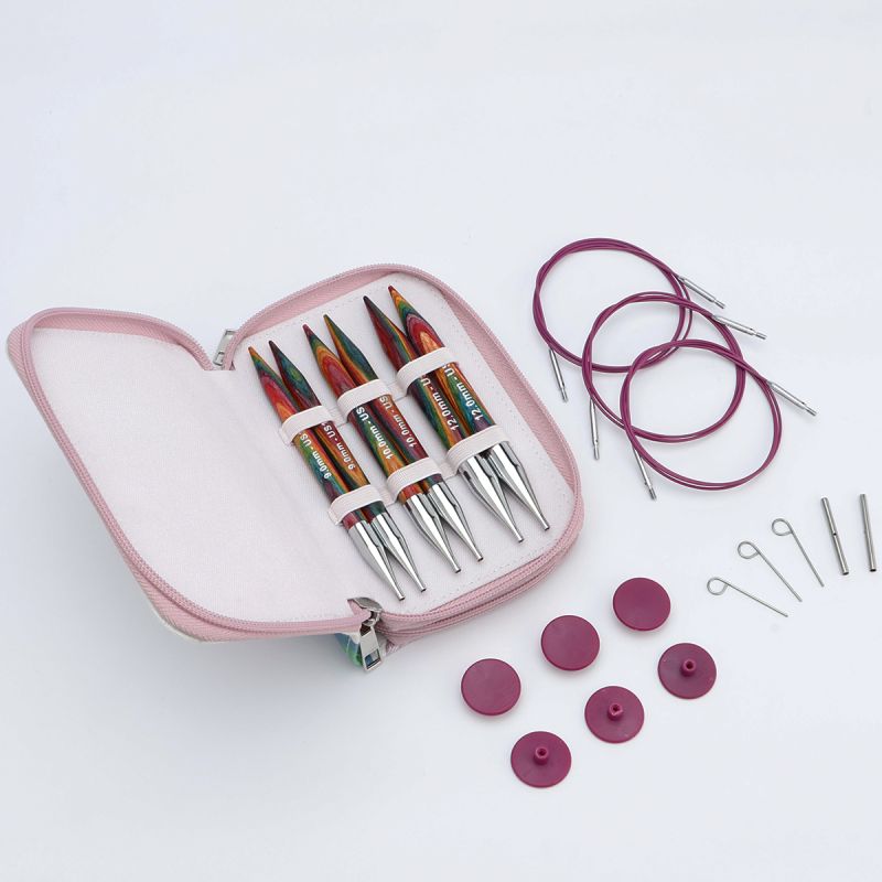 Complete KnitPro Symfonie 2 Chunky set with three pairs of 13cm wood tips, three purple cables, end caps, keys and pink printed case