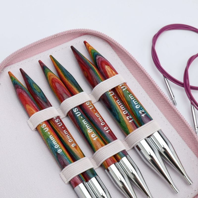 Close view of 9mm, 10mm and 12mm KnitPro Symfonie 2 rainbow laminated birchwood interchangeable needle tips