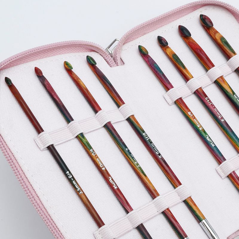 Eight colour-patterned KnitPro Symfonie 2 laminated wood Tunisian crochet hooks with laser-marked metric sizes