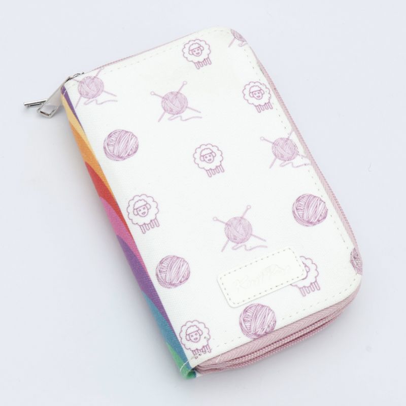 Closed KnitPro Symfonie 2 printed fabric zip case with yarn-ball and sheep motifs