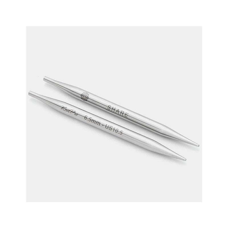 Close view of KnitPro Mindful stainless steel interchangeable knitting needle tips and engraved word