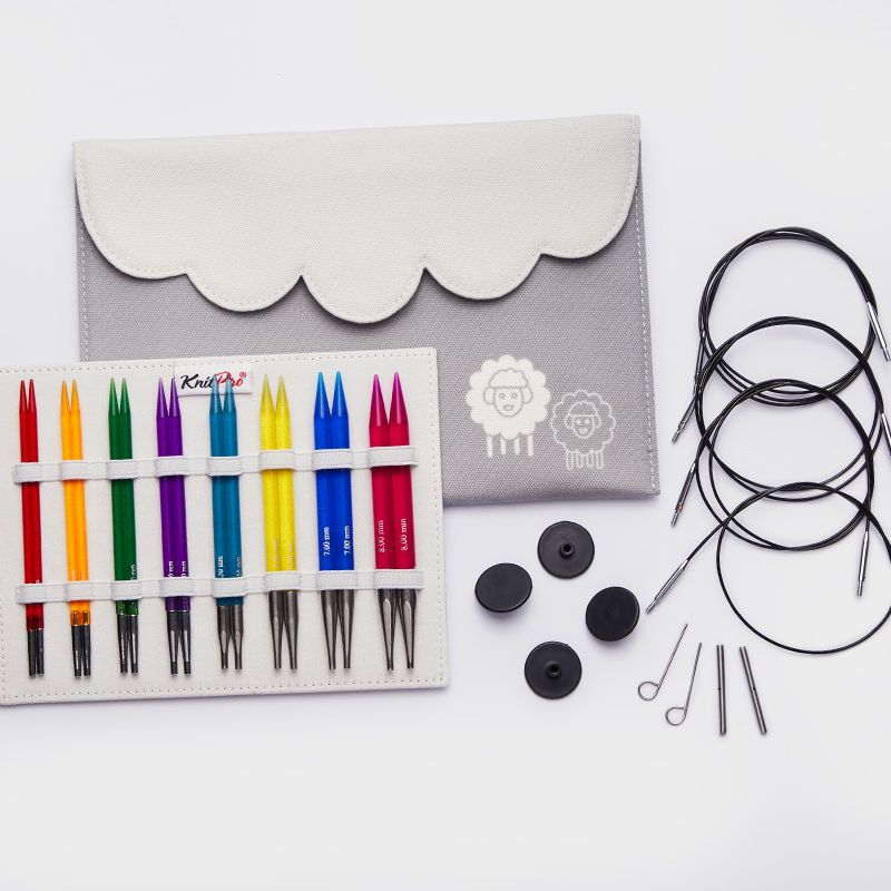 KnitPro Trendz Deluxe interchangeable needle set with colourful acrylic tips and grey case