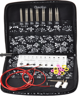 Open ChiaoGoo TWIST Red Lace Small 7500-S set with seven stainless-steel tip pairs, red cables and accessories