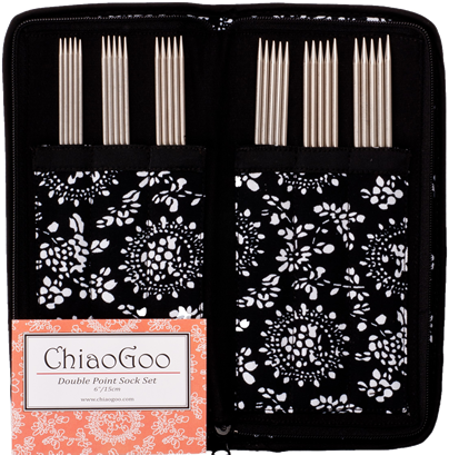 Open ChiaoGoo stainless steel 15cm DPN sock set showing six needle size sets, accessories and floral case