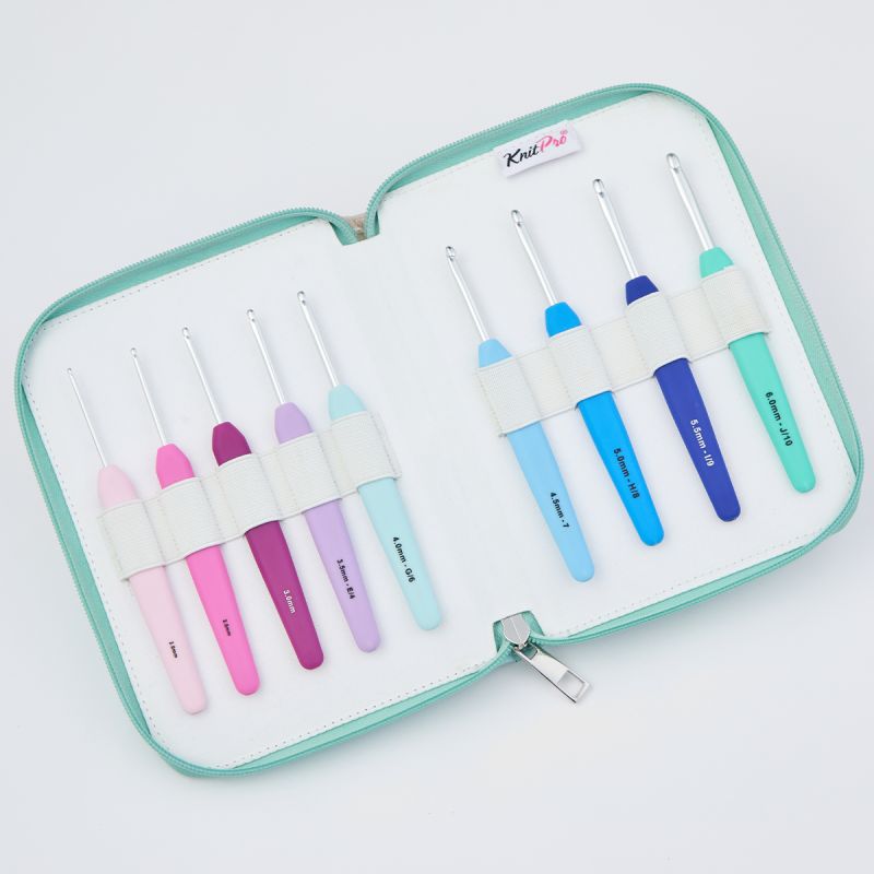 KnitPro Waves 2.0 Grande set with 14 ergonomic crochet hooks and aqua case
