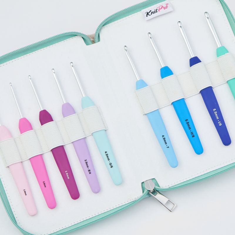 Open KnitPro Waves 2.0 Grande crochet hook case showing colour-coded hooks
