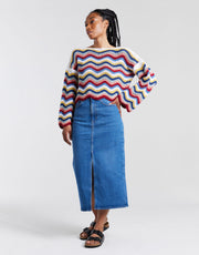 Wool and the Gang Malibu Sweater crochet pattern, full-length model view of the finished design