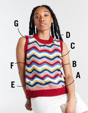 Wool and the Gang Malibu Tank Crochet Pattern for Shiny Happy Cotton, finished tank with labelled colour sections