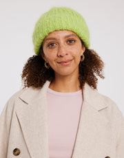 Wool and the Gang Mutya Hat Knitting Pattern for Take Care Mohair, finished design example