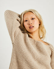 Wool and the Gang Sunrise Sweater Knitting Pattern for Alpachino Merino, finished sweater neckline detail