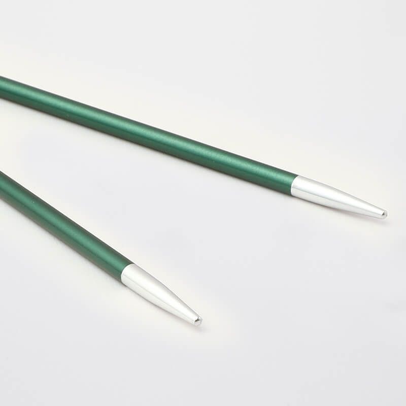 Pair of green KnitPro Zing 13cm interchangeable aluminium needle tips showing tapered point and threaded connector